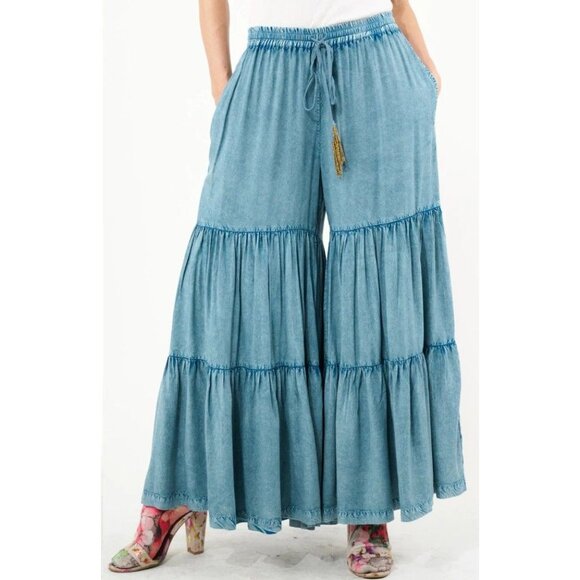 NWT Aratta Dream Palazzo Pants in Denim Blue Size S Drawstring Beaded Tassels - Picture 1 of 6